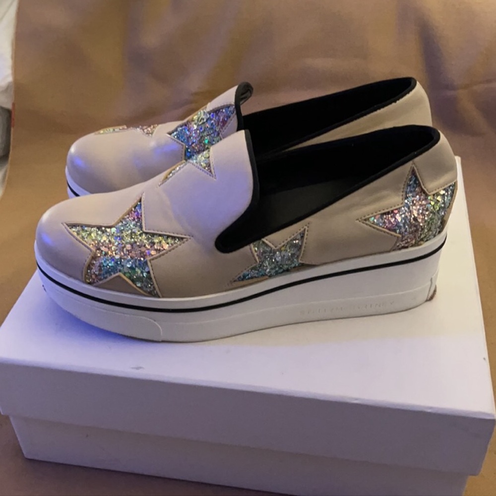 Stella McCartney Binx Slip On Platforms 38 Euro/8 US Khaki w/ 🌈 Sparkle Stars - Picture 2 of 11
